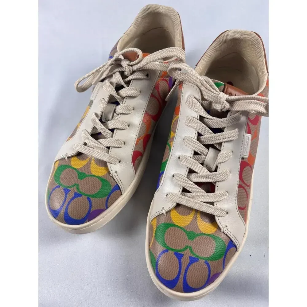 Coach Low Top Sneakers Rainbow Signature C Monogram‎ Khaki Multi Leather Trim